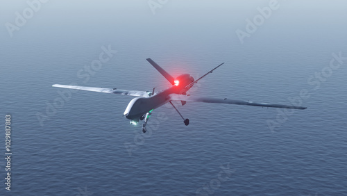 Photography Military attack drone flying over sea.