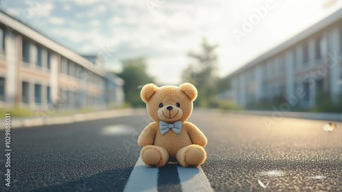 A teddy bear sits alone on a quiet street in a suburban neighborhood during a sunny afternoon. seamless looping animation background photo