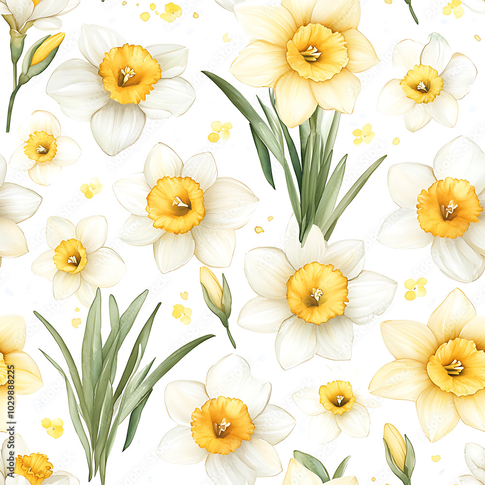 Fototapeta premium Bright and cheerful watercolor daffodils in soft yellow and white tones create vibrant floral pattern. This design evokes feelings of spring and renewal, perfect for various decorative uses