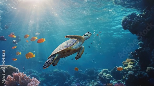 Sea Turtle Swimming in a Vibrant Coral Reef