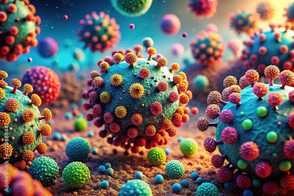 Surreal 3D Artwork of HIV Virus Particles in a Vivid Microbial Landscape for Science and Art Exploration Surreal 3D Artwork of HIV Virus Particles in a Vivid Microbial Landscape for Science and Art Exploration