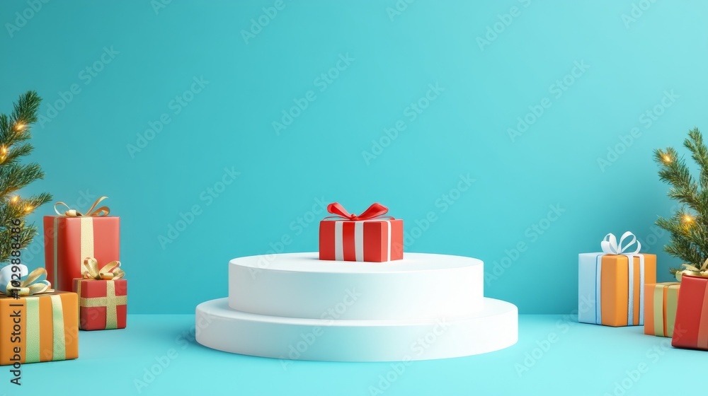 White podium with bright, festive gifts placed around it on a blue backdrop, leaving ample room for messages White podium with bright, festive gifts placed around it on a blue backdrop, leaving ample room for messages