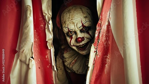 A creepy clown peeking out from behind a torn curtain in an abandoned circus tent