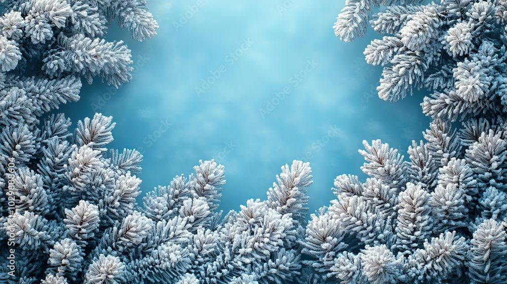 Pine trees are blanketed with snow on an icy blue background, creating a festive and wintry scene for Christmas and New Year celebrations. Pine trees are blanketed with snow on an icy blue background, creating a festive and wintry scene for Christmas and New Year celebrations.
