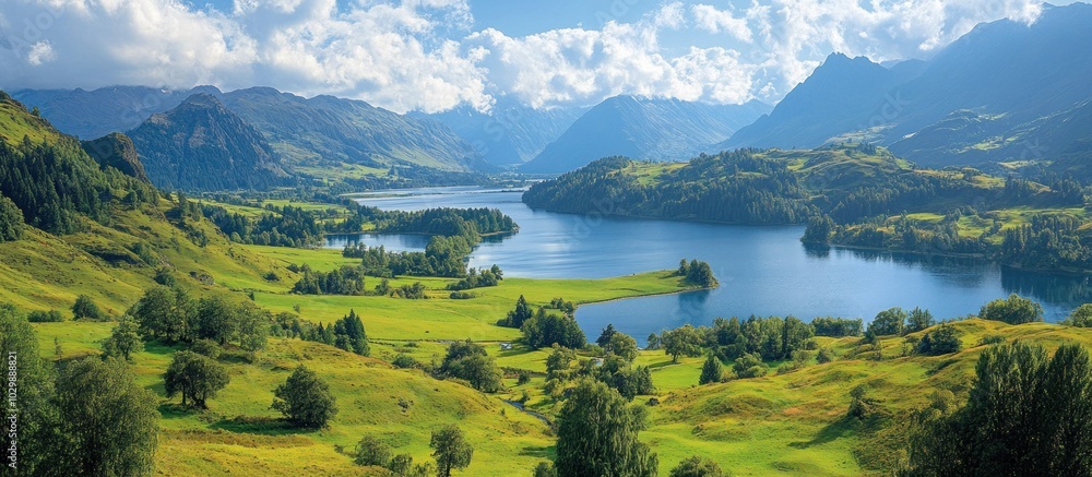 Fototapeta premium A scenic view of a lake nestled between lush green hills, surrounded by a mountainous landscape under a blue sky with fluffy clouds.