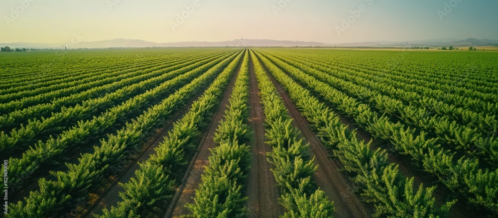 Aerial view of a vast field of crops, showcasing rows of vibrant green foliage stretching towards a hazy horizon. Aerial view of a vast field of crops, showcasing rows of vibrant green foliage stretching towards a hazy horizon.