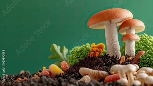 Colorful mushrooms surrounded by rich soil and greenery. photo