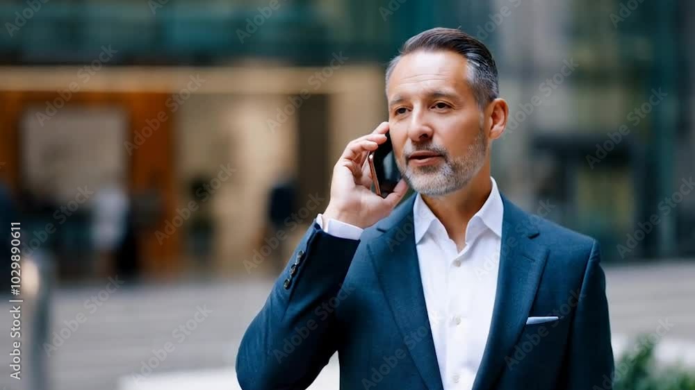 40s mature confident busy businessman entrepreneur using cellphone mobile phone for talking with client, business partners. Successful mid age man investor communicating on smartphone standing outdoor 40s mature confident busy businessman entrepreneur using cellphone mobile phone for talking with client, business partners. Successful mid age man investor communicating on smartphone standing outdoor