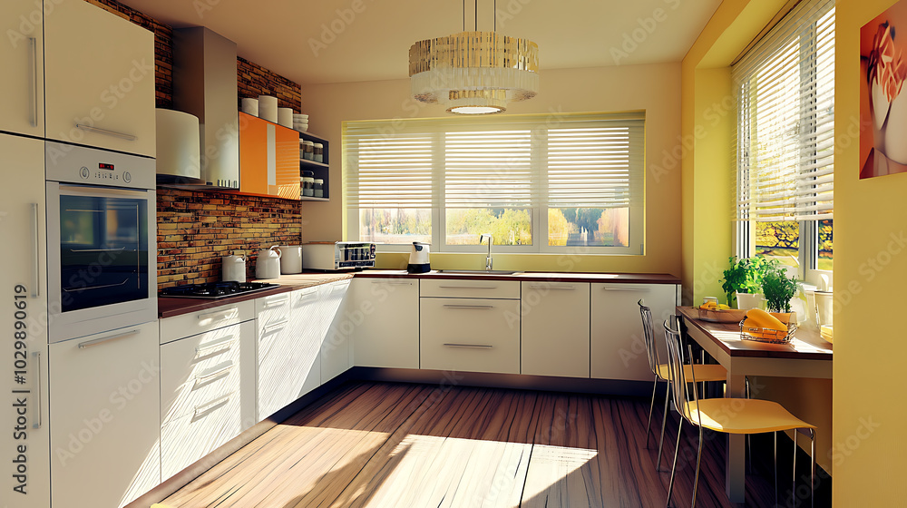 Fototapeta premium Modern kitchen with work corner, featuring natural light and technology