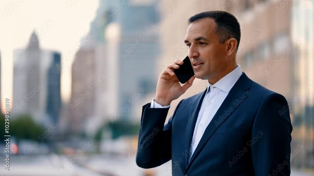 40s mature confident busy businessman entrepreneur using cellphone mobile phone for talking with client, business partners. Successful mid age man investor communicating on smartphone standing outdoor 40s mature confident busy businessman entrepreneur using cellphone mobile phone for talking with client, business partners. Successful mid age man investor communicating on smartphone standing outdoor