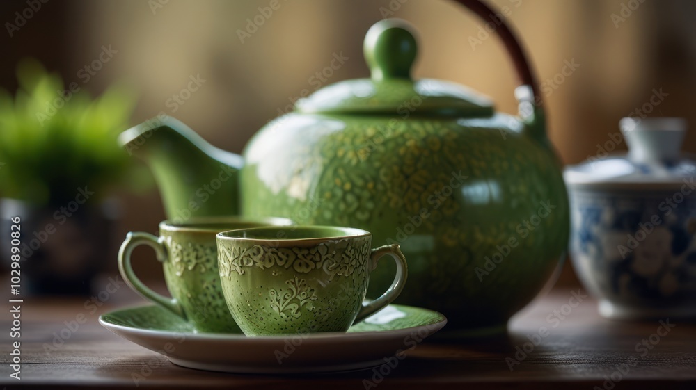Green ceramic teapot and cups on a wooden table, with a blurry background. Green ceramic teapot and cups on a wooden table, with a blurry background.