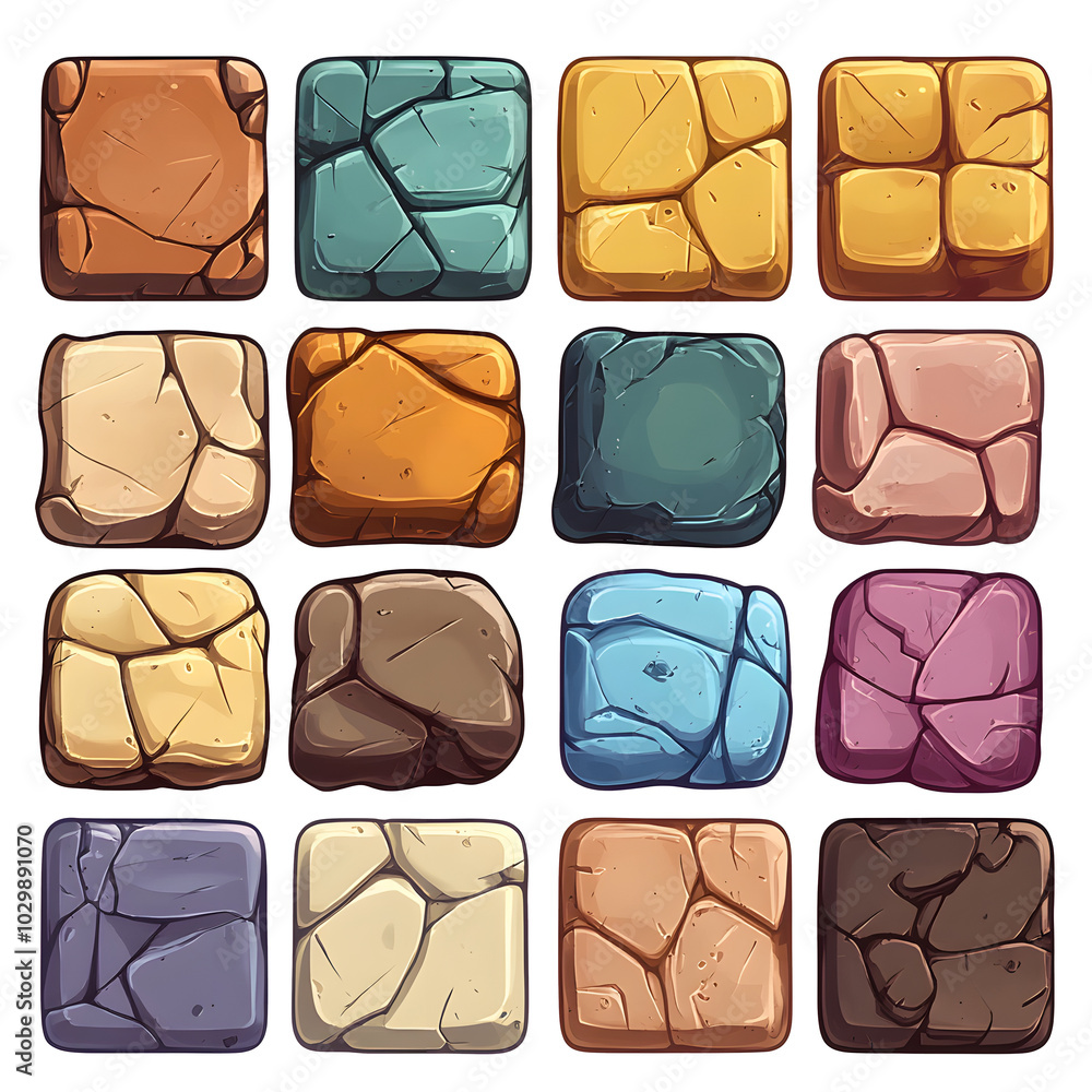 Colorful Stone Tiles: A Playful Set of Square Textures on white and transparent background. PNG Colorful Stone Tiles: A Playful Set of Square Textures on white and transparent background. PNG