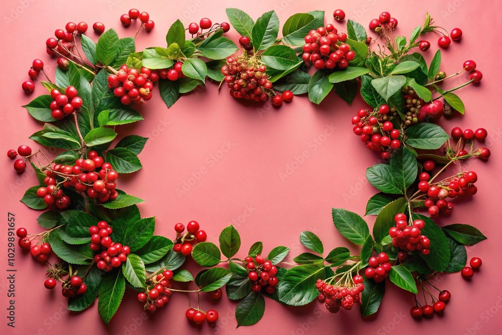Vibrant Floral Frame with Red Berries and Green Leaves on Soft Pink Background for Stunning Silhouette Photography Vibrant Floral Frame with Red Berries and Green Leaves on Soft Pink Background for Stunning Silhouette Photography