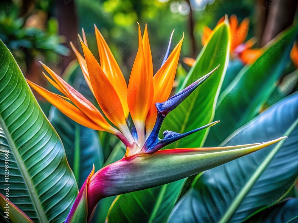 Obraz premium Vibrant Macro Photography of Bird of Paradise Flower in Bloom - Strelitzia Plant Close-Up, Urban Exploration, Nature Photography, Exotic Flora, Botanical Beauty