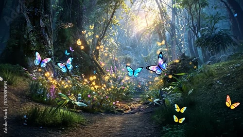  A magical journey through a mystical forest, illuminated by fireflies and vibrant butterflies.  A whimsical scene perfect for fantasy or nature-themed projects.