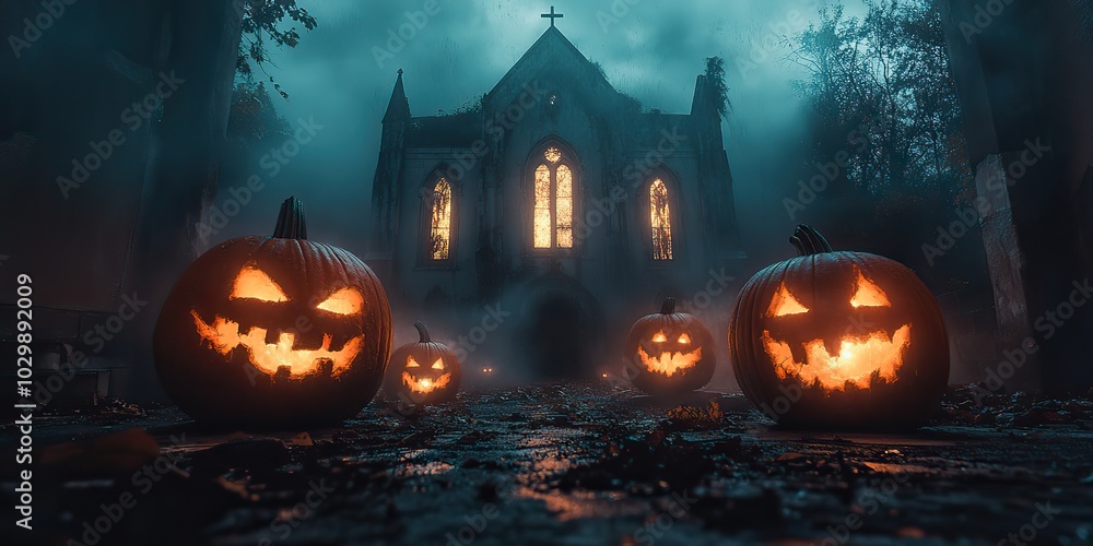Spooky Halloween banner featuring glowing evil pumpkins in a foggy night inside an abandoned church. Spooky Halloween banner featuring glowing evil pumpkins in a foggy night inside an abandoned church.