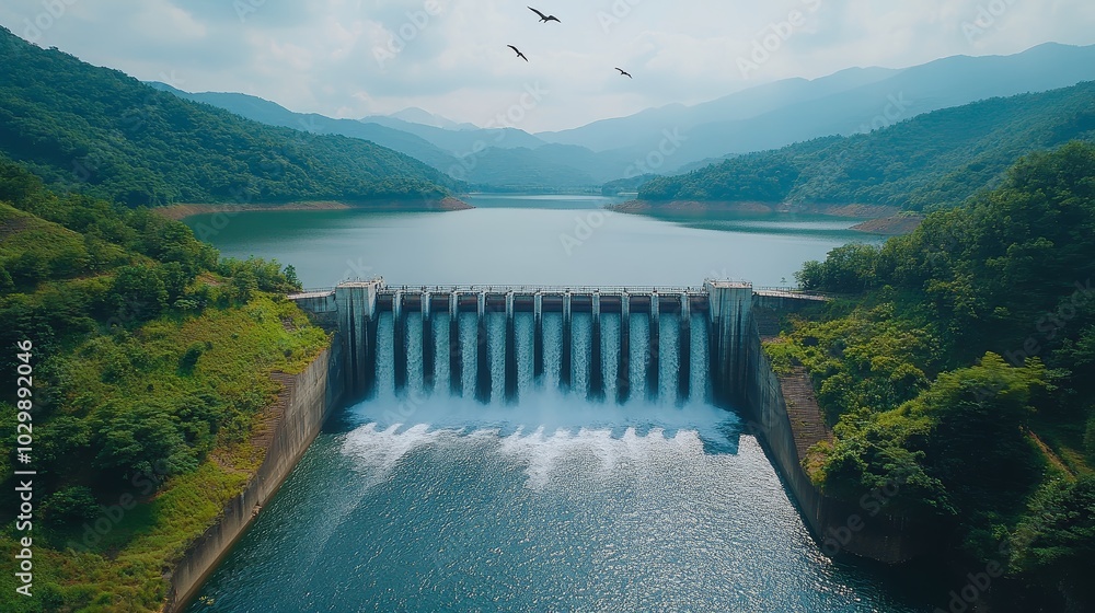 Hydroelectric Dam and Reservoir with Lush Green Landscape Hydroelectric Dam and Reservoir with Lush Green Landscape