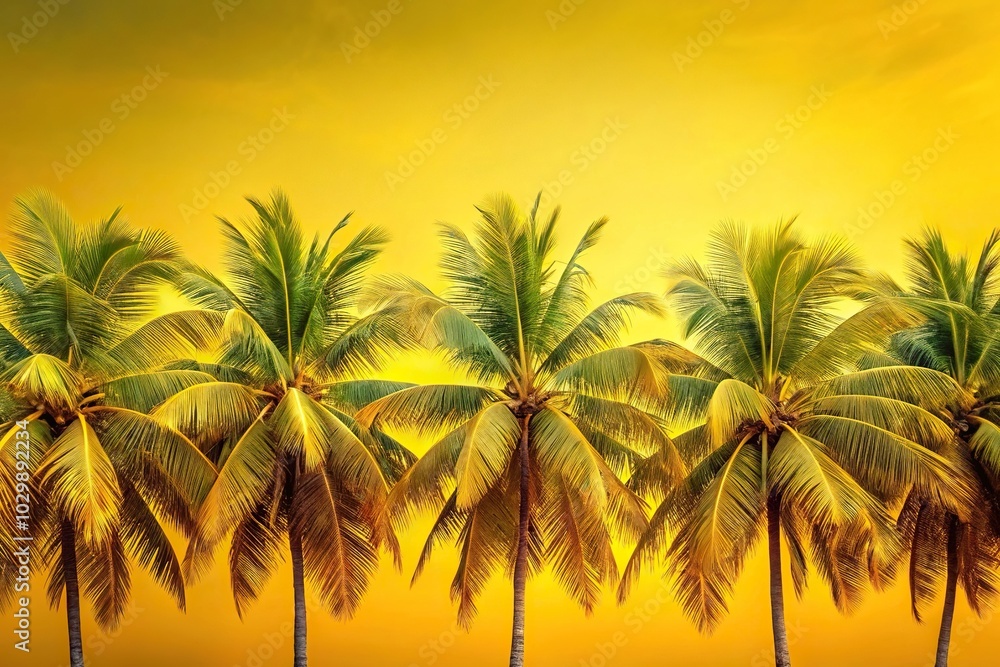 Obraz premium Tropical background with row of yellow palm trees, extreme close-up