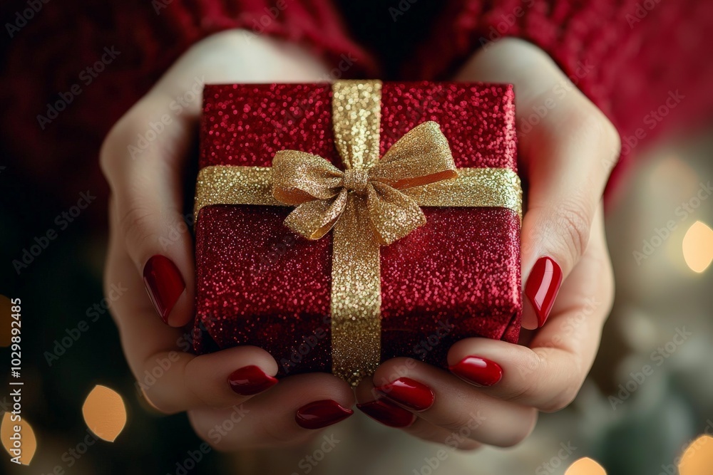 close-up of womans hands with red nails holding a red present with a golden ribbon close-up of womans hands with red nails holding a red present with a golden ribbon