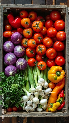 Fresh Vegetables in a Wooden Crate - Tomatoes, Peppers, Onions, Garlic and Kale