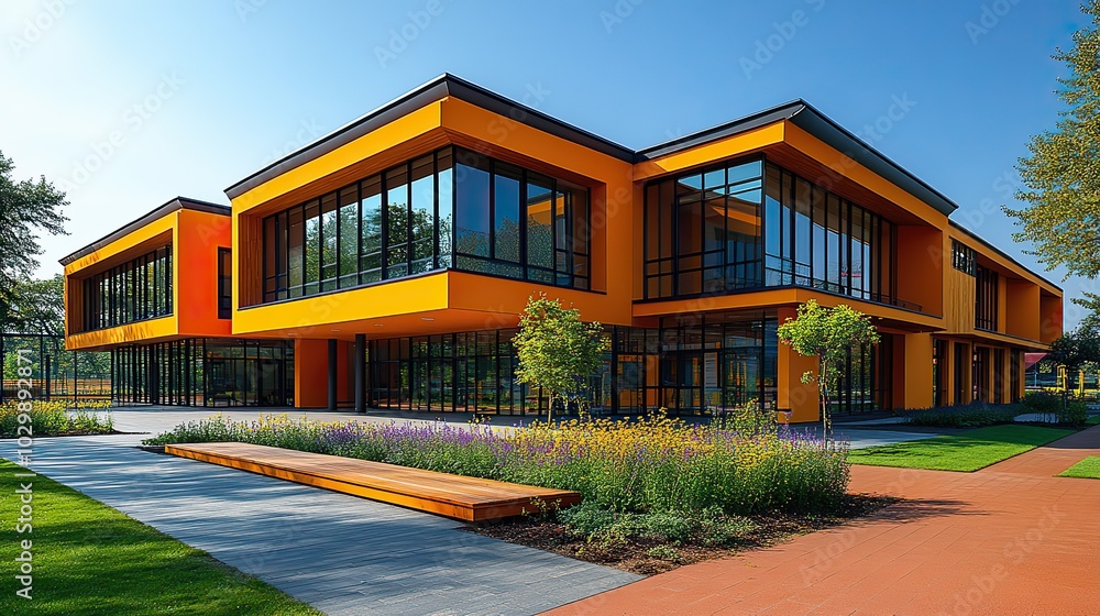 The architecture of a modern school building, designed with contemporary elements and functional spaces for education. The architecture of a modern school building, designed with contemporary elements and functional spaces for education.