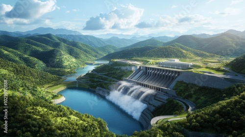 Hydroelectric Dam and Reservoir with Lush Green Landscape