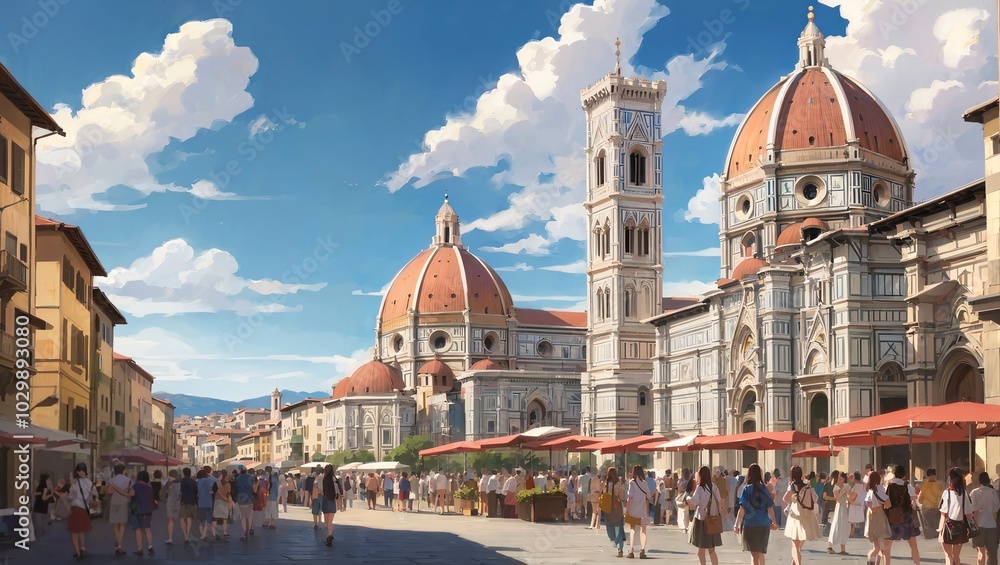Fototapeta premium Florence Cathedral with busy square under bright blue sky