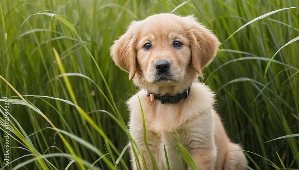A golden retriever puppy sits in a field of tall grass, looking to the side with a curious expression.
A golden retriever puppy sits in a field of tall grass, looking to the side with a curious expression.