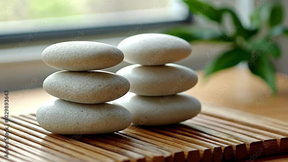 Zen-inspired arrangement of smooth white stones placed on a bamboo mat, creating a peaceful and harmonious setting. Zen-inspired arrangement of smooth white stones placed on a bamboo mat, creating a peaceful and harmonious setting.