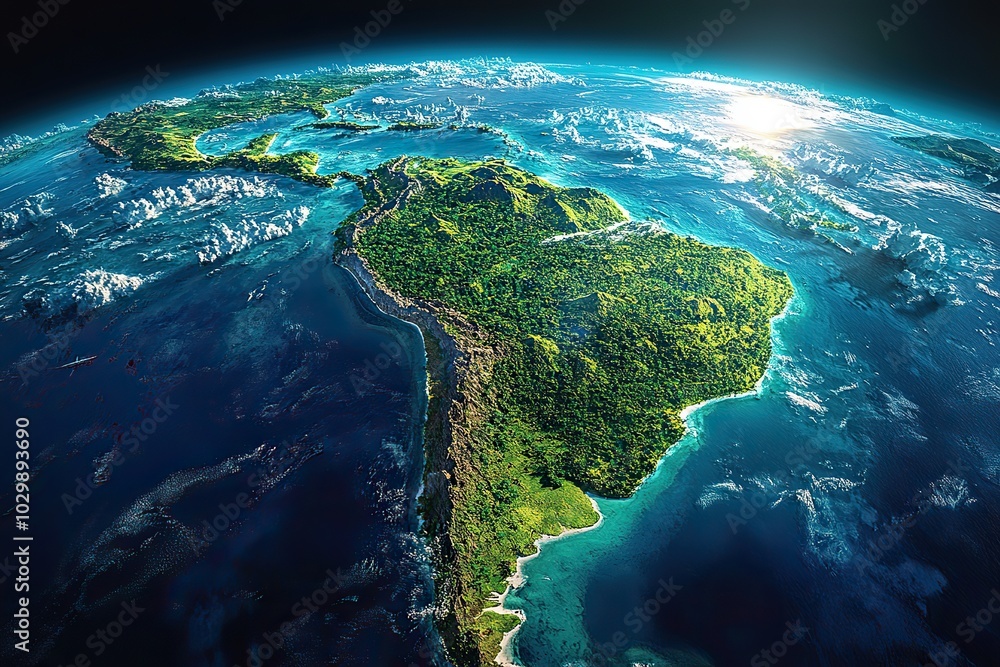 The high-resolution satellite view captures South and Central America, including Brazil and the Amazon rainforest, in detailed 3D imagery. The high-resolution satellite view captures South and Central America, including Brazil and the Amazon rainforest, in detailed 3D imagery.