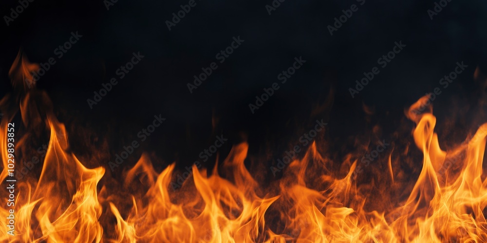 Fiery flames isolated on a black background, panoramic view. Fiery flames isolated on a black background, panoramic view.
