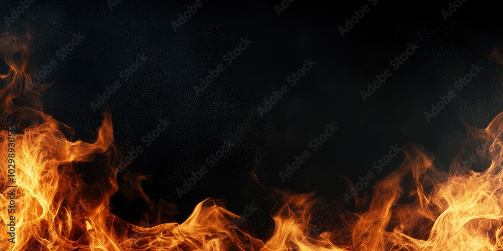 Fiery flames isolated on a black background, panoramic view. Fiery flames isolated on a black background, panoramic view.