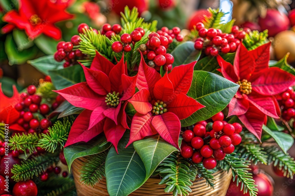 Naklejka premium Vibrant christmas bouquet with poinsettias and red berries happy holidays decor