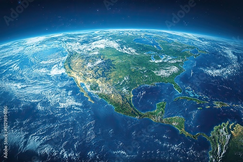 The high-resolution satellite view of North and Central America, featuring Alaska, Canada, the USA, and Mexico, is presented in a detailed 3D format.