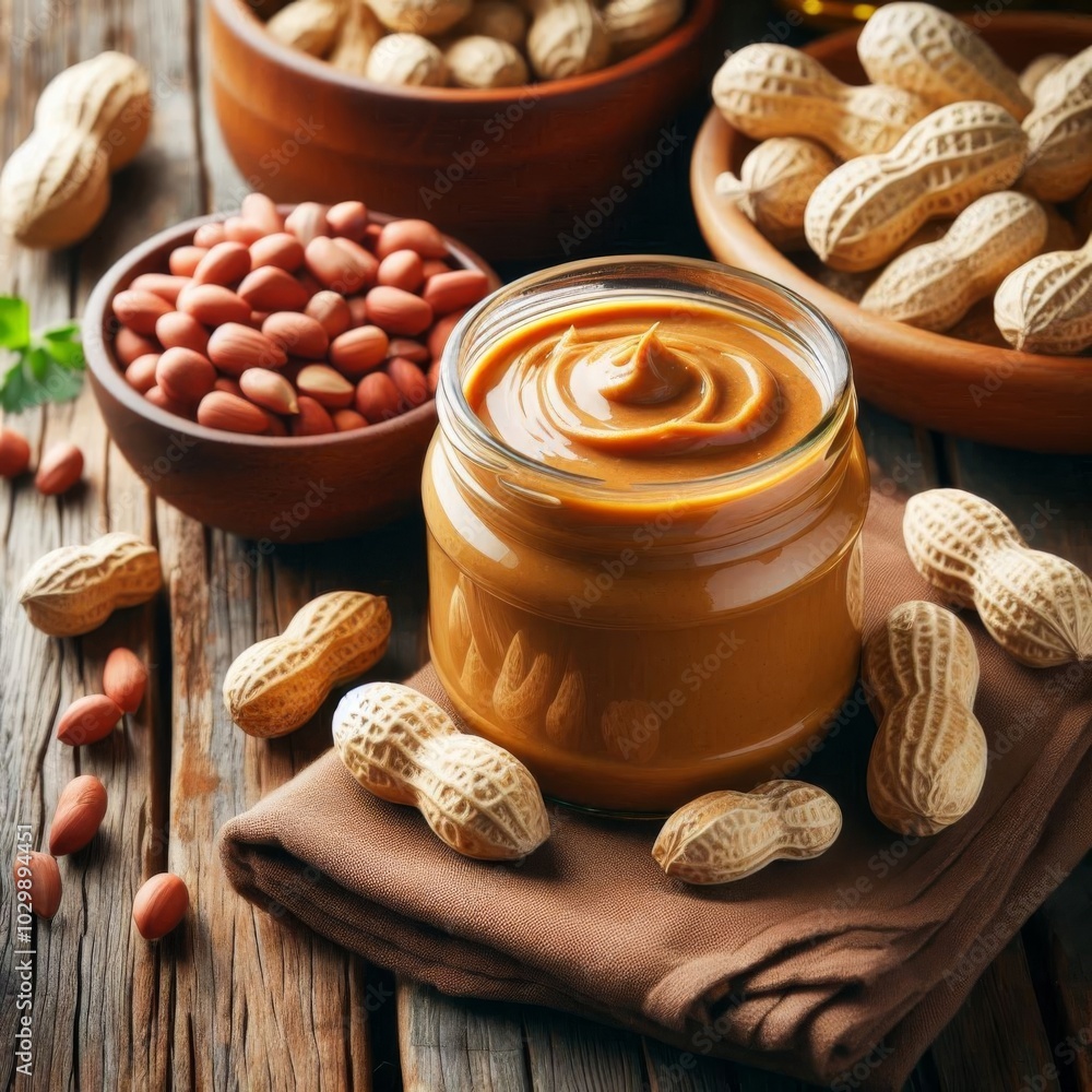 Freshly made peanut butter in a jar alongside whole peanuts on a vintage wooden surface Freshly made peanut butter in a jar alongside whole peanuts on a vintage wooden surface