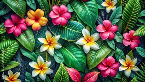 Wallpaper Mural Tropical floral pattern with pink and yellow flowers on lush green leaves Torontodigital.ca