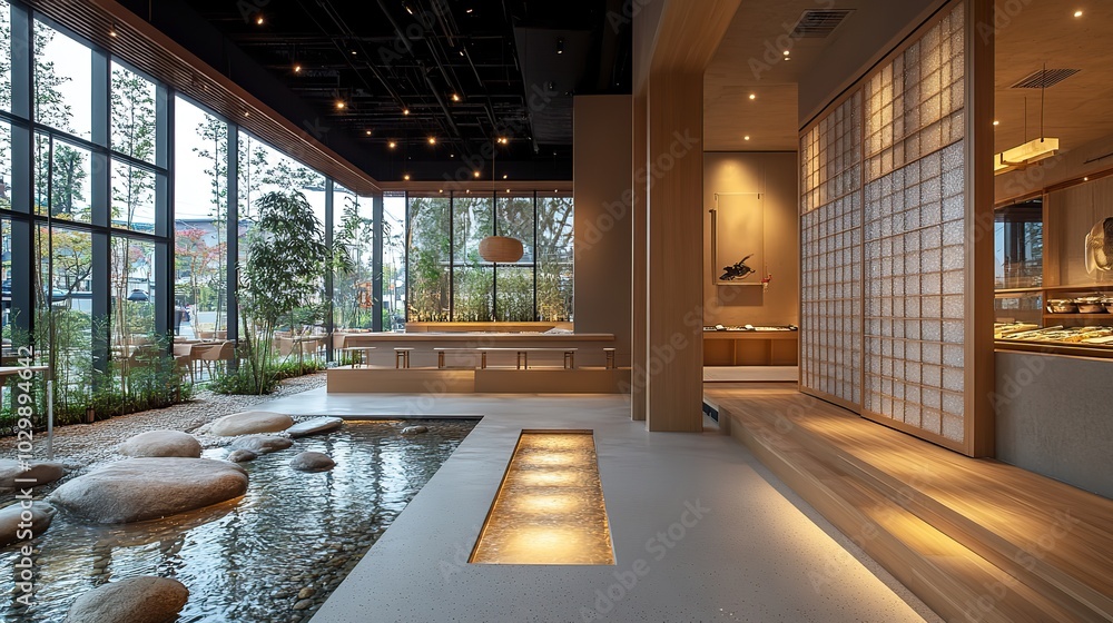 The interior of a modern Japanese restaurant combines traditional elements with contemporary design. The interior of a modern Japanese restaurant combines traditional elements with contemporary design.