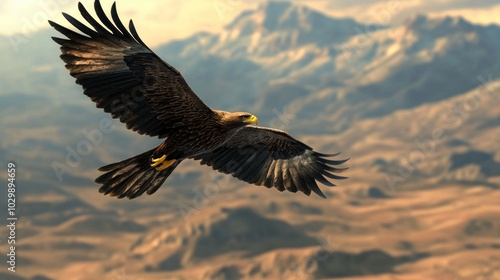 Wallpaper Mural Golden Eagle: A golden eagle with its wings fully extended, flying over a rugged landscape. Torontodigital.ca