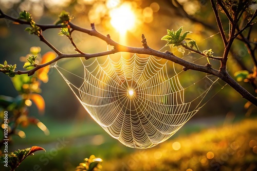 Silhouette cobweb on branch under sunlight in garden photo