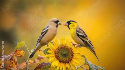 American Goldfinch: A pair of American goldfinches on a sunflower, pecking at seeds. photo