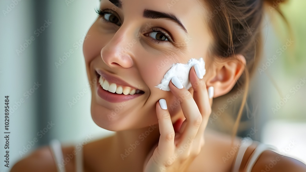 Woman applying facial skincare on her face moisturizer cosmetics beauty routine dermatology healthy skin Woman applying facial skincare on her face moisturizer cosmetics beauty routine dermatology healthy skin