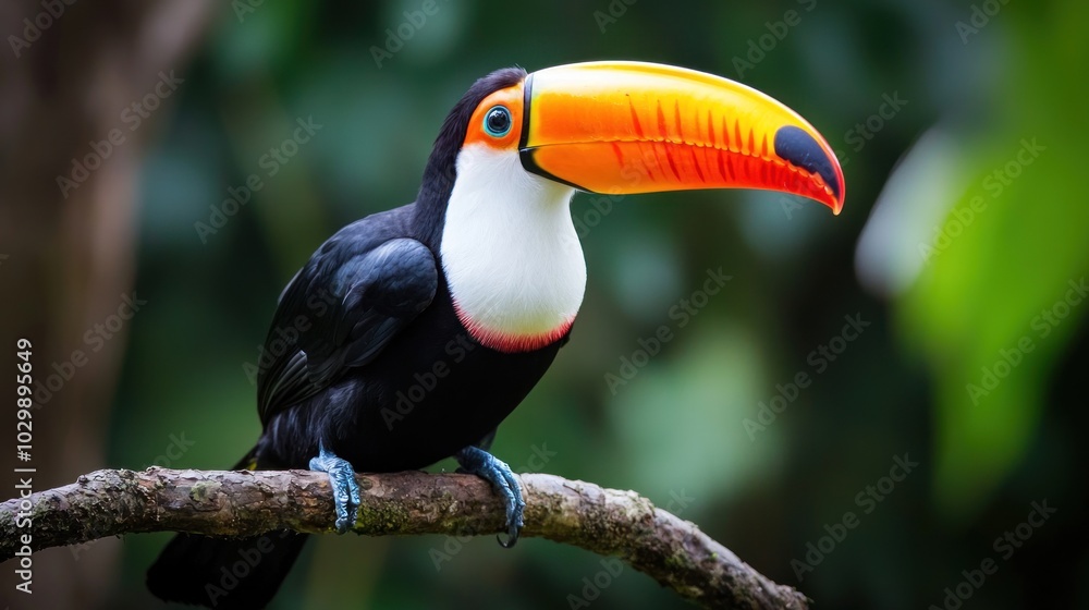 Obraz premium Toucan: A toucan with its large, colorful beak perched on a tropical tree branch.