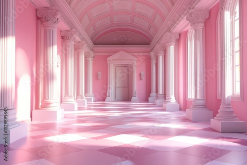 Elegant Pink Hallway with Sunlit Classic Columns and Checkered Floor