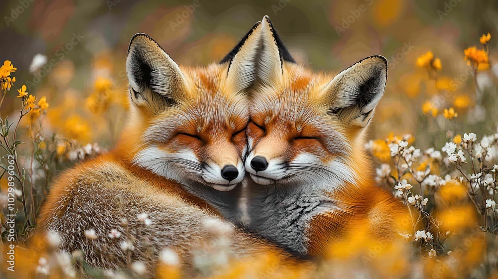 Two foxes cuddling in a field of blooming flowers, with a blurred background. Two foxes cuddling in a field of blooming flowers, with a blurred background.