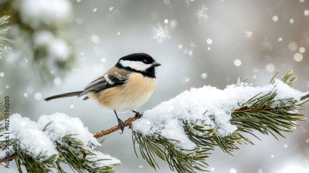 Obraz premium Black-capped Chickadee: A black-capped chickadee clinging to a snow-covered pine branch.