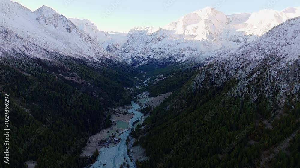 Droneflight over Borgne d'Arolla in the Swiss alps on a saturday early morning. Droneflight over Borgne d'Arolla in the Swiss alps on a saturday early morning.