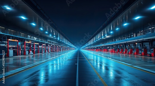 Under blue lights, a race track is illuminated.