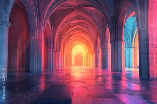 Vibrant Cathedral Interior with Radiant Lighting and Gothic Architecture