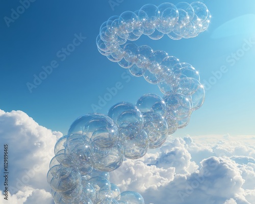 A swirling chain of transparent bubbles floats in the sky.