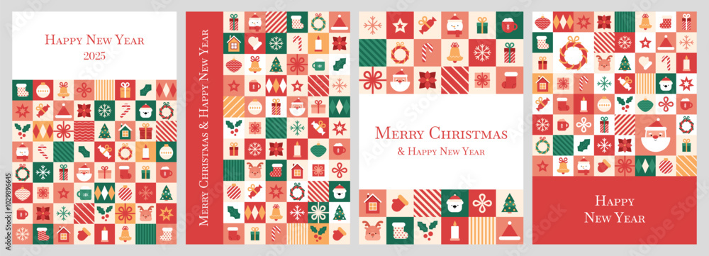 Set of New Year's 2025 cards with icons in mosaic pattern. Christmas geometric elements in tiles background. Vector greeting illustration. Xmas invitation, cover layout template. Cute ornament Set of New Year's 2025 cards with icons in mosaic pattern. Christmas geometric elements in tiles background. Vector greeting illustration. Xmas invitation, cover layout template. Cute ornament